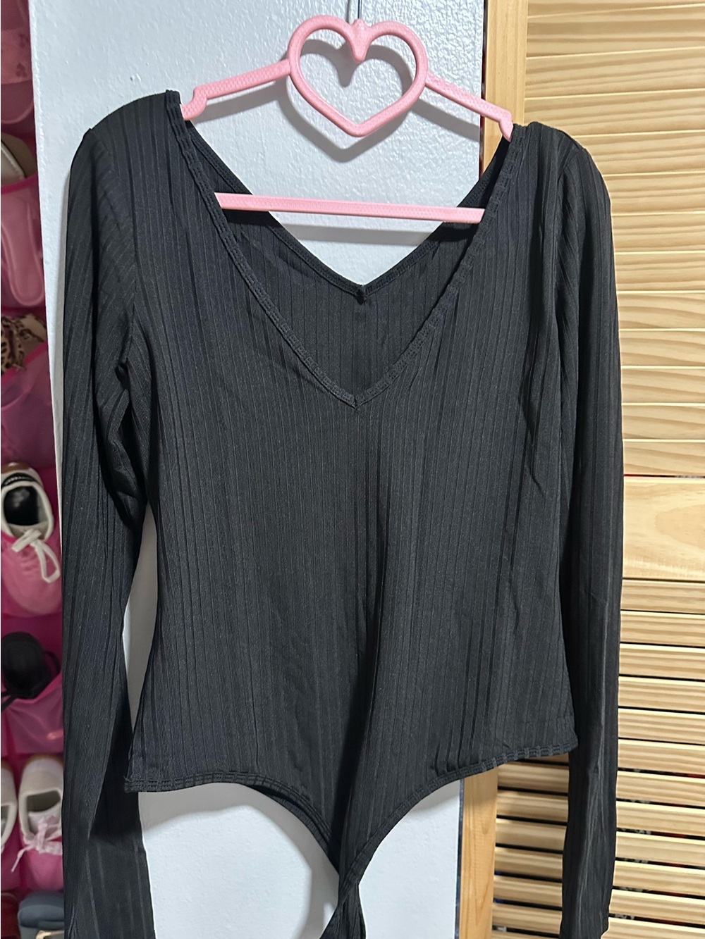 Amazon Black Ribbed V-Neck Long Sleeve Bodysuit